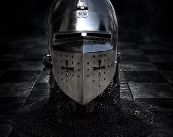 Gothic Knight Helmet with Chainmail Coif – Medieval Crusader Style Armor for LARP & Cosplay
