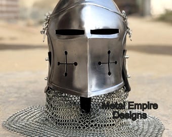 中世の騎士のヘルメット（鎖帷子付き）、手作りのスチール製十字軍のヘルメット、LARPコスプレ用鎧、ルネッサンス戦士のヘルメット、ハロウィン