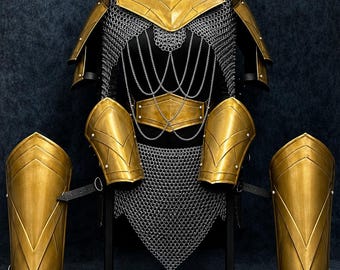 Handcrafted Golden Knight Armor Set with Chainmail – Medieval Breastplate Costume for LARP & Cosplay
