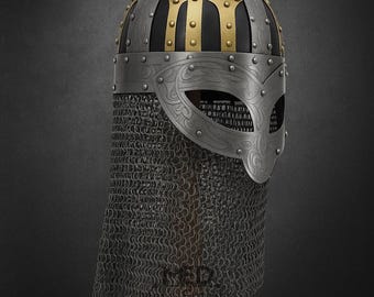 Medieval Viking Knight Helmet:  Armor with Chainmail - LARP Etched Steel Halloween Costume