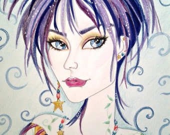 Woman In Purple and Gold ACEO/ATC Artist Trading Card Fantasy Face by Leslie Mehl