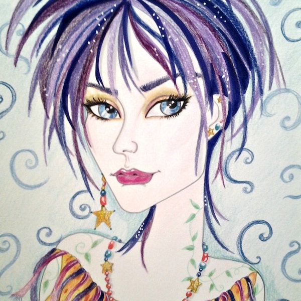 Woman In Purple and Gold ACEO/ATC Artist Trading Card Fantasy Face by Leslie Mehl