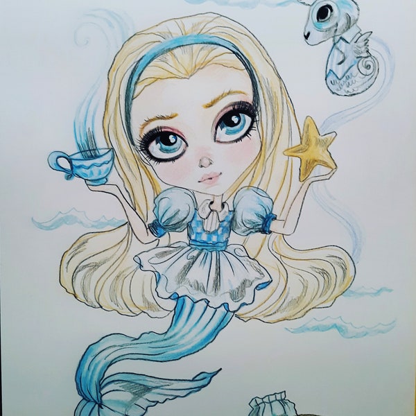 Alice In Wonderland Fantasy Mermaid Big Eye Storybook Art Print