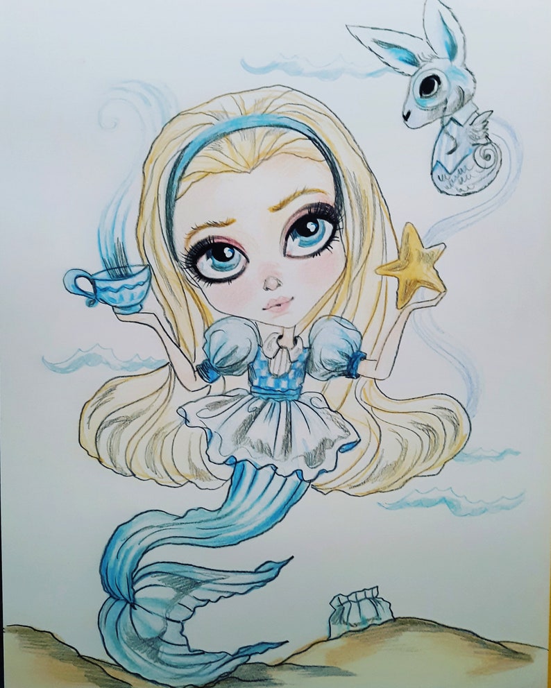 Alice In Wonderland Fantasy Mermaid Big Eye Storybook Art Print image 1