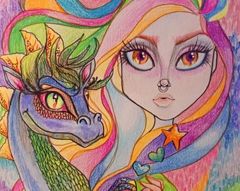 Fantasy Dragon Art Print Limited Edition Esme & The Prince Rainbow mystical