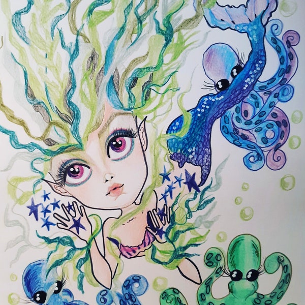 Octo Mermaid fantasy sea siren big eye mermaid art