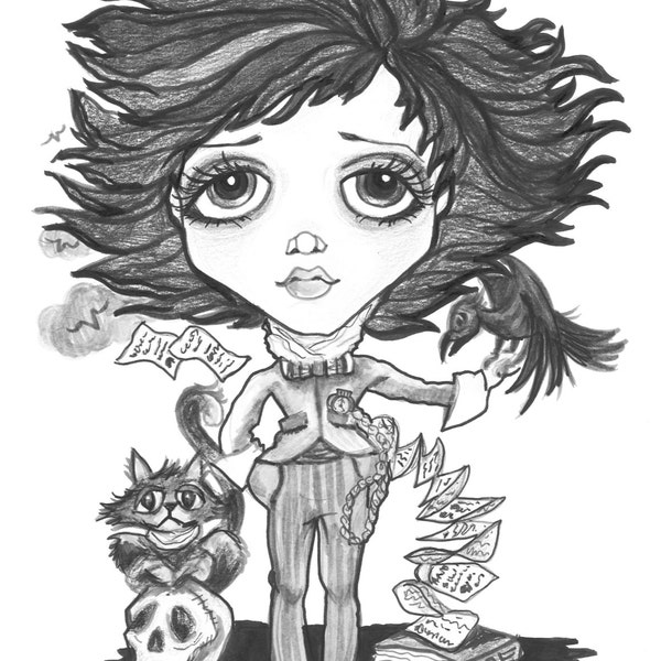 Adult Coloring Page - Grayscale - Printable Page- Digital Download - Halloween Fantasy Art- Annabelle Lee by Leslie Mehl Art