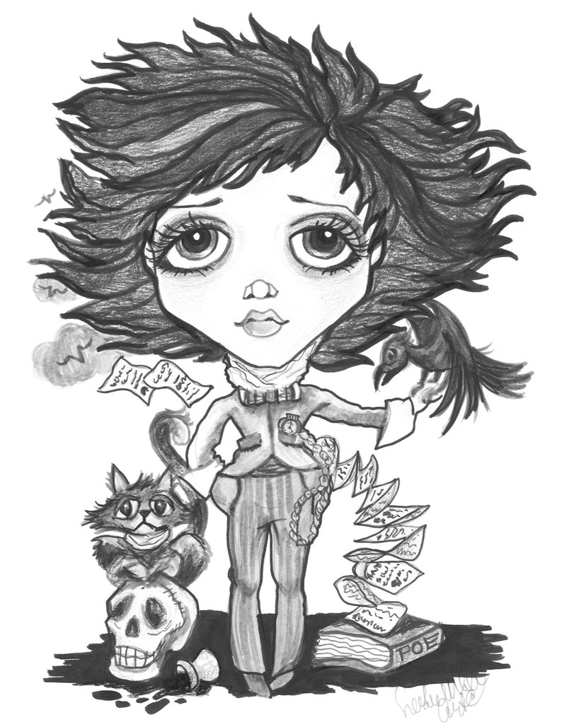 Adult Coloring Page Grayscale Printable Page Digital Download Halloween Fantasy Art Annabelle Lee by Leslie Mehl Art image 1