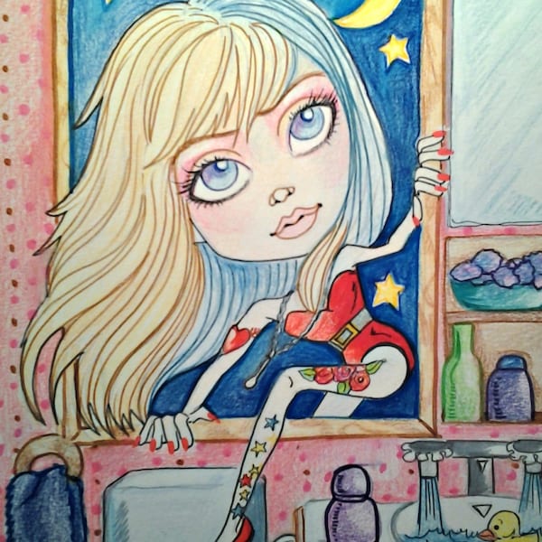 She Came In Thru The Bathroom Window ACEO/ATC Artist Trading Card By The Artist Leslie Mehl