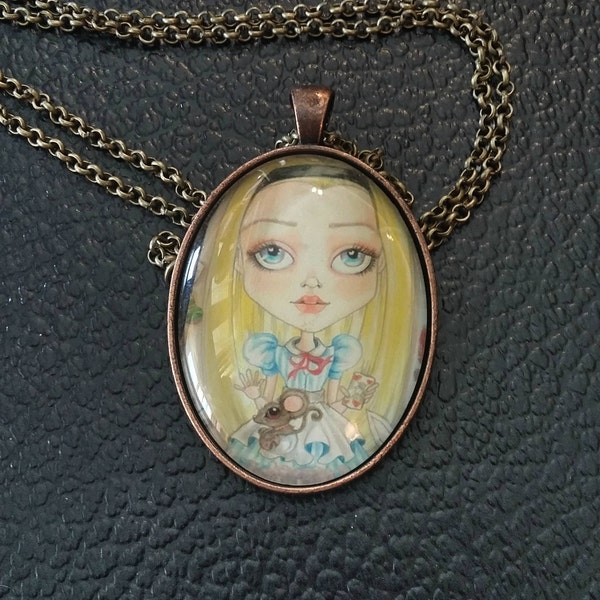 Adventures of Alice Necklace Fantasy Face Lowbrow Art Pendant Big Eye Pendant