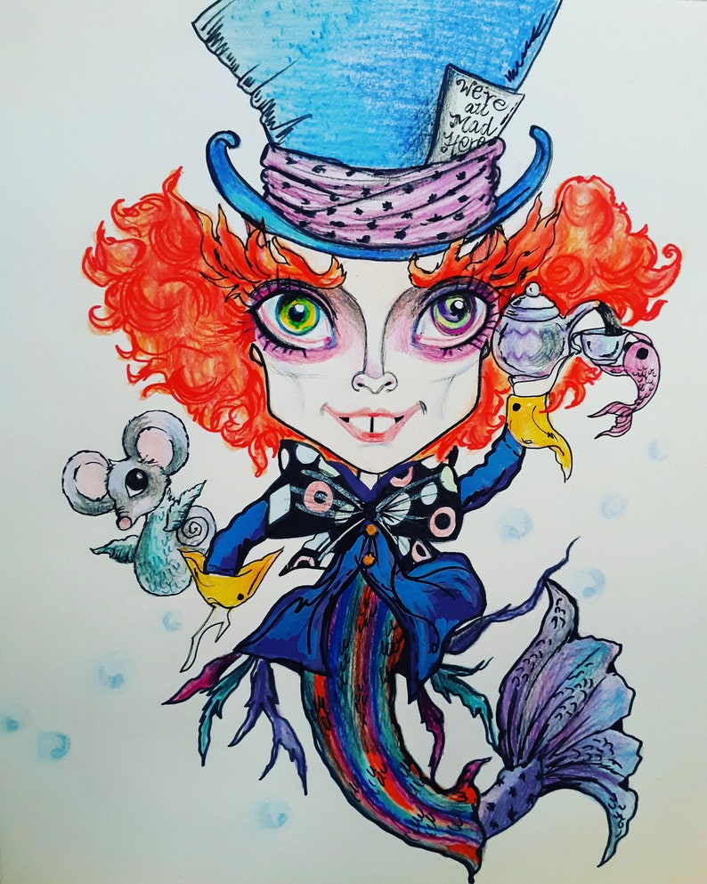 Mad Hatter Fantasy Wonderland Merman Mermaid Big Eye Art Print image 1
