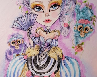 May include: A whimsical illustration of a woman with purple hair, wearing a black and white striped dress with a purple bodice and a large fan. She is surrounded by pink roses and two small monkeys.