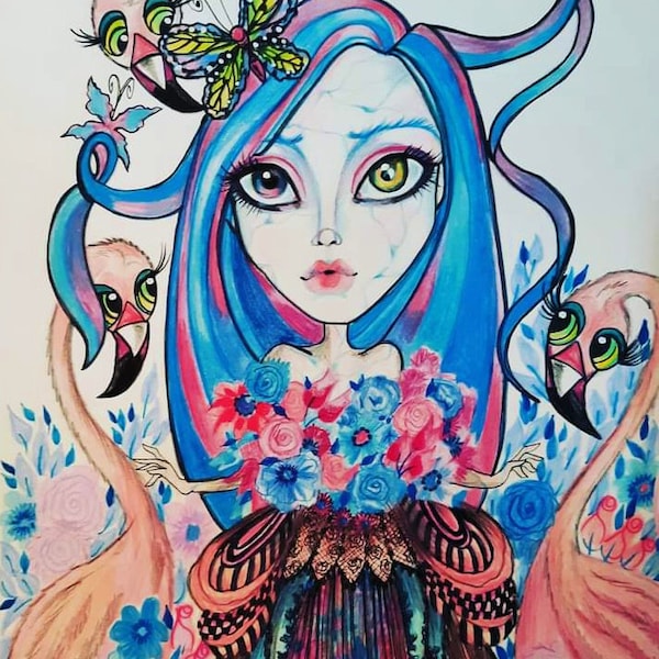 Flamingo Garden Big Eye Lowbrow Fantasy Girl Art Print