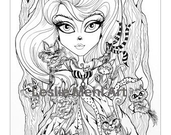 Cat Lady Black and White art print ,fantasy art, cat art, whimsical art