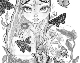 May include: A black and white illustration of a fairy with butterfly wings, surrounded by flowers and butterflies. The fairy has long hair and large eyes. The illustration is done in a whimsical style.
