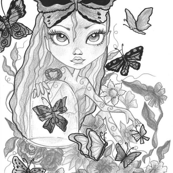 Adult Coloring Page - Grayscale Coloring Page - Printable Coloring Page - Digital Download - Fantasy Art - Butterfly Girl by Leslie Mehl Art