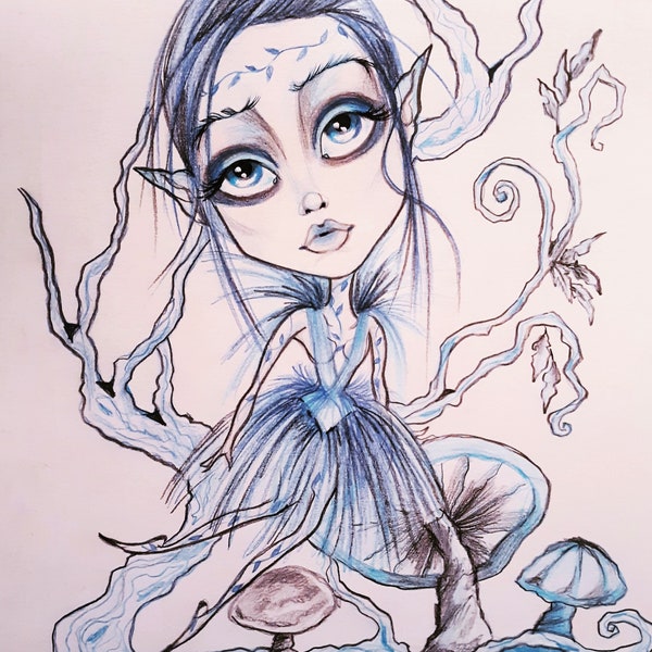 Blue Fantasy Elf Fairy  Faerie Big Eye Art Print by Leslie Mehl