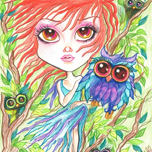 Fantasy Art Printable Page - Digital Download - Fantasy Art - Red Haired Girl and The Owls by Leslie Mehl Art