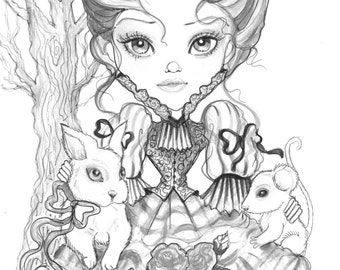 Adult Coloring Page - Grayscale - Printable Page- Digital Download - Fantasy Art - Victorian Girl in Pink and Gray by Leslie Mehl Art