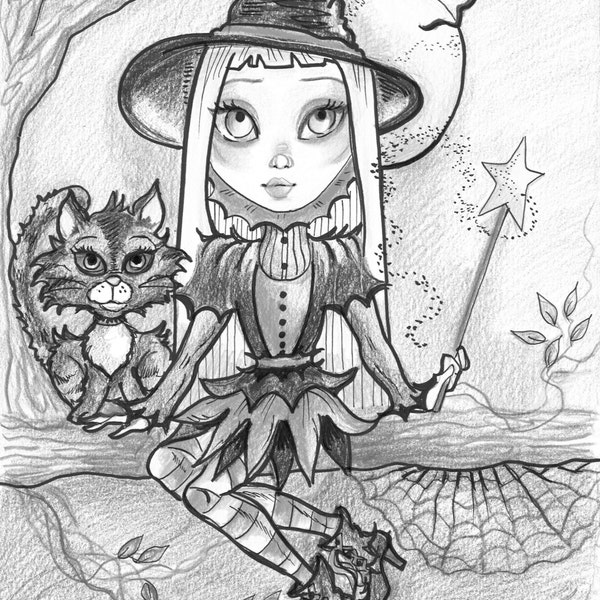 Adult Coloring Page- Grayscale Coloring Page -Printable Coloring Page- Digital Download- Halloween Fantasy Art- Witchling by Leslie Mehl Art