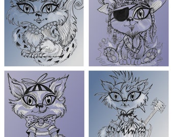 4 Cats, Fantasy Art prints, Cute cats,  Four 5 x 7 art prints by Leslie Mehl