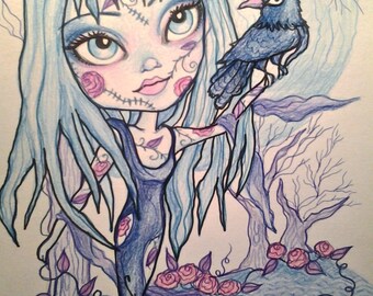 Fantasy Horror Big Eye Blue Goth Girl Art Print