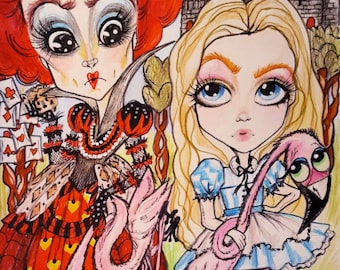 Big Eye Alice and the Red Queen Alice In Wonderland Lowbrow Fantasy Art Print by Leslie Mehl Art