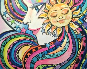 Sun and Rainbow Fantasy Face Lowbrow Art Print