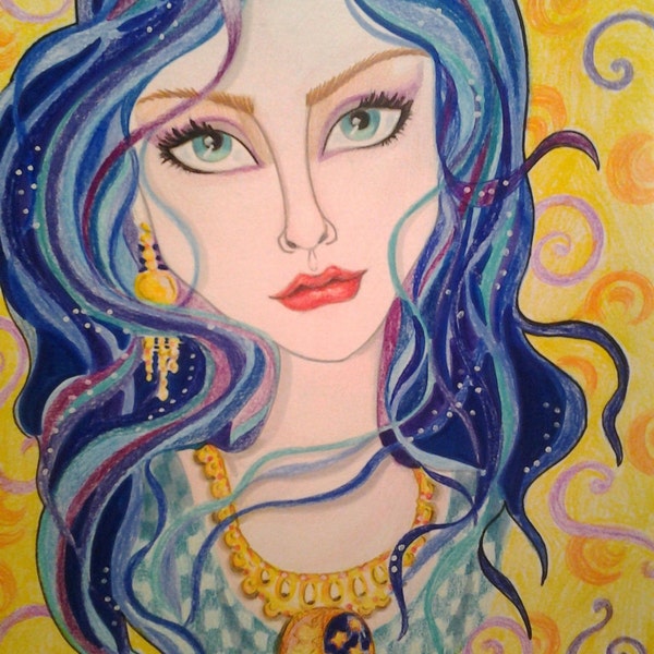 Woman In Blue and Gold ACEO/ATC Artist Trading Card Fantasy Face by Leslie Mehl