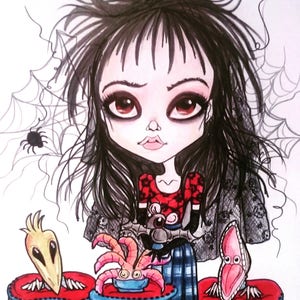 May include: A hand-drawn illustration of a girl with long black hair, wearing a red and black dress, sitting at a table with a spider, a bird, and a creature with tentacles. The girl is holding a small creature with a blue scarf. The illustration is done in black and white with some red and pink accents.