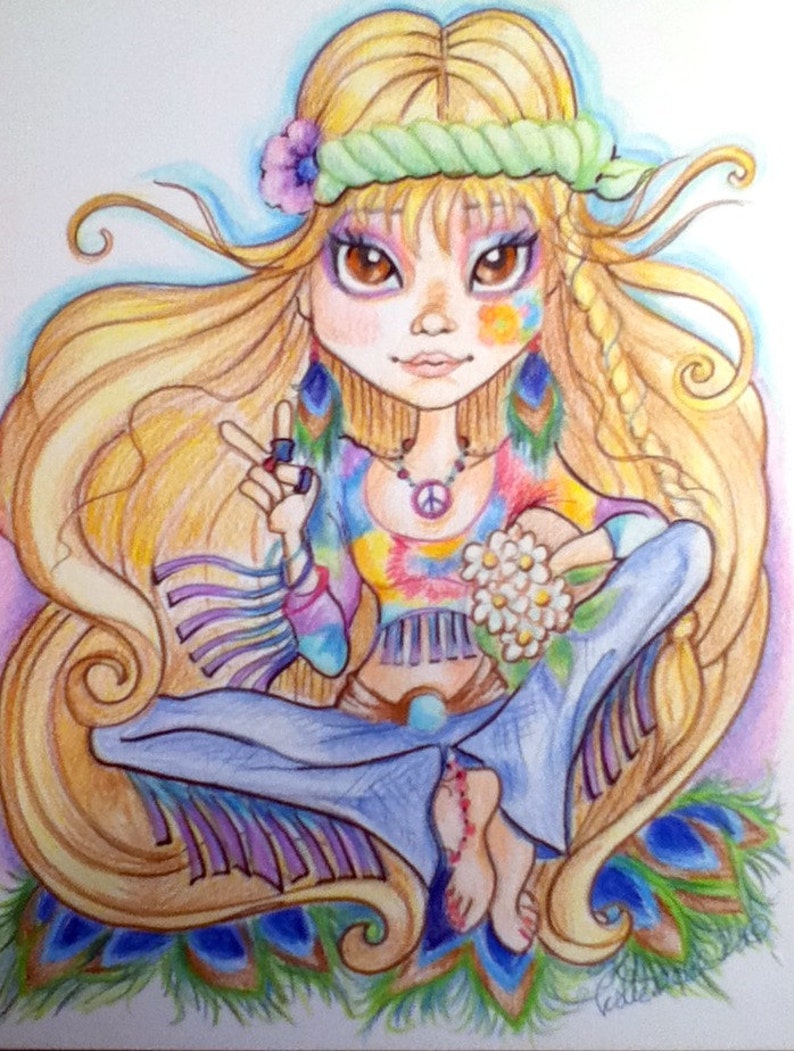 Hippie Chick Big Eye Fantasy Art Print 8.5 x 11 image 1