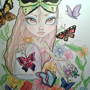Girl With her Butterflies Big Eye  Fantasy Art Print