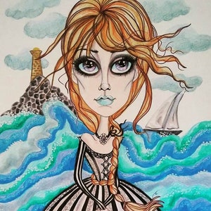 OOAK Art Waiting At The Shore Woman, Sea and Lighthouse