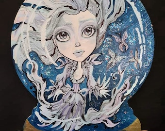 Handpainted Pine OOAK Blue Ghost  Crystal Ball Tarot Witch Custom Art