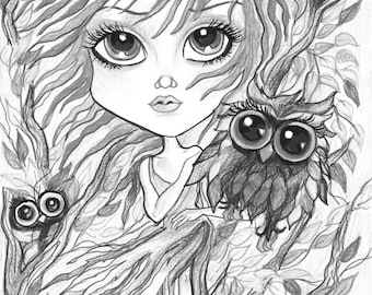 May include: A black and white drawing of a girl with large eyes and long hair, holding a large owl. There are smaller owls in the background. The drawing is surrounded by leaves and branches.