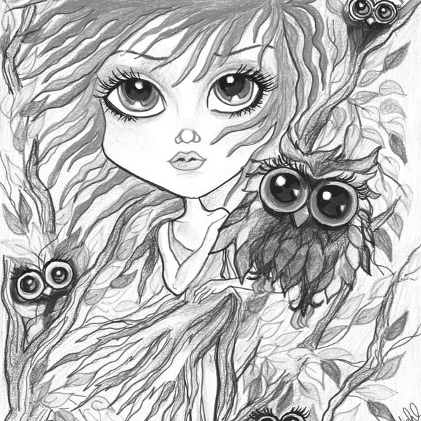 Adult Coloring Page - Grayscale Page - Printable Coloring Page - Digital Download - Fantasy - Red Haired Girl with Owlsby Leslie Mehl Art