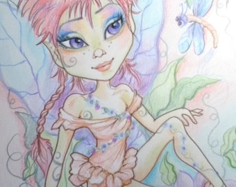 Fairy Waiting In The Garden Big Eye Fantasy Pastel Art Print