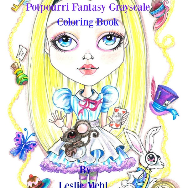 Coloring Book Grayscale Potpourri Fantasy -Printable- Instant Download-Grayscale-Leslie Mehl Art