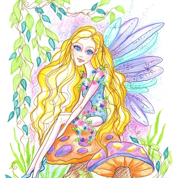 Fantasy Art Printable Page - Digital Download - Fantasy Art - Mushroom Fairy by Leslie Mehl Art