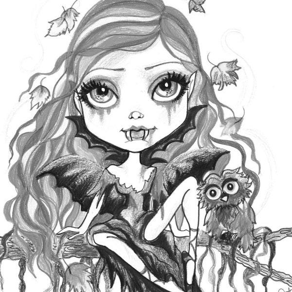 Adult Coloring Page-Greyscale Coloring Page-Printable Coloring Page -Digital Download  Halloween Fantasy Art Candy Kisses by Leslie Mehl Art