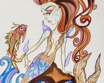 Blue and Brown Mermaid with Koi Fantasy Big Eye Sea Siren Art Print