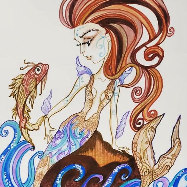 Blue and Brown Mermaid with Koi Fantasy Big Eye Sea Siren Art Print