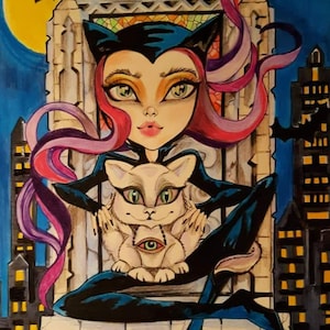 Cat On The Roof Lowbrow Bad Girl Big Eye Art Print by Leslie Mehl