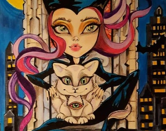 Cat On The Roof Lowbrow Bad Girl Big Eye Art Print by Leslie Mehl