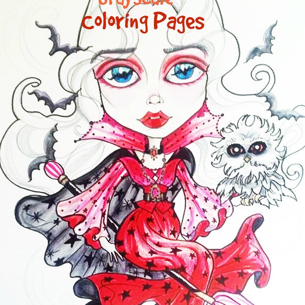 Coloring Book Grayscale Halloween Fantasy-Printable- Instant Download-Grayscale-Leslie Mehl Art