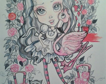 Alice in Pink and Gray ACEO/ATC Artist Trading Cards By the Artist Leslie Mehl