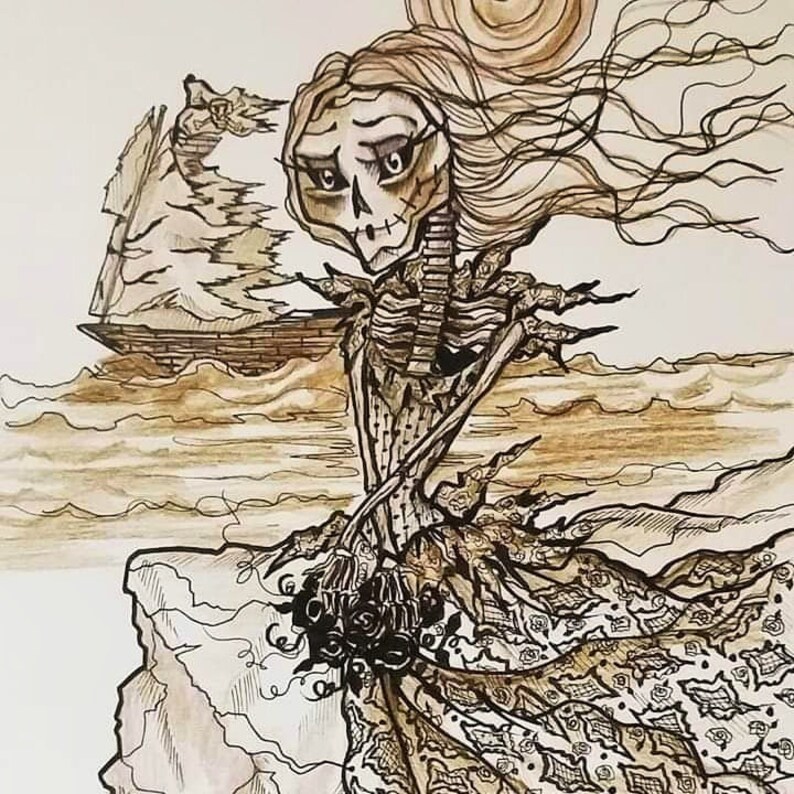 May include: A black and white illustration of a skeletal figure in a long dress with a bouquet of flowers. The figure has long flowing hair and is standing on a cliff overlooking a stormy sea. A ship is in the distance.