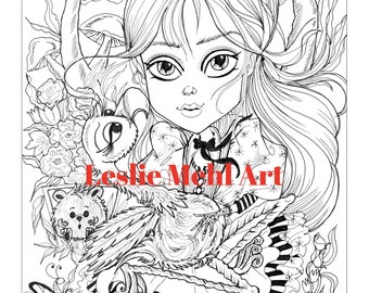 Printable Coloring Book- Alice and Friends Coloring Book -Digital Download - 10 pages- -Fantasy Pages- Leslie Mehl Art