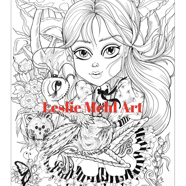 Printable Coloring Book- Alice and Friends Coloring Book -Digital Download - 10 pages- -Fantasy Pages- Leslie Mehl Art