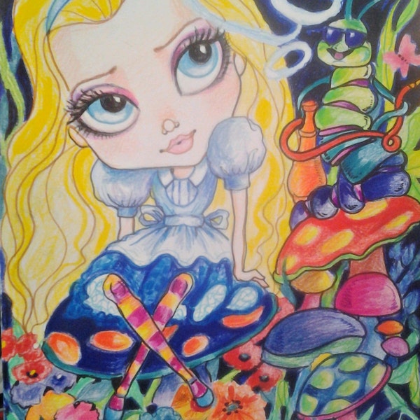 Alice and the Caterpillar ACEO/ATC Artist Trading Cards By the Artist Leslie Mehl